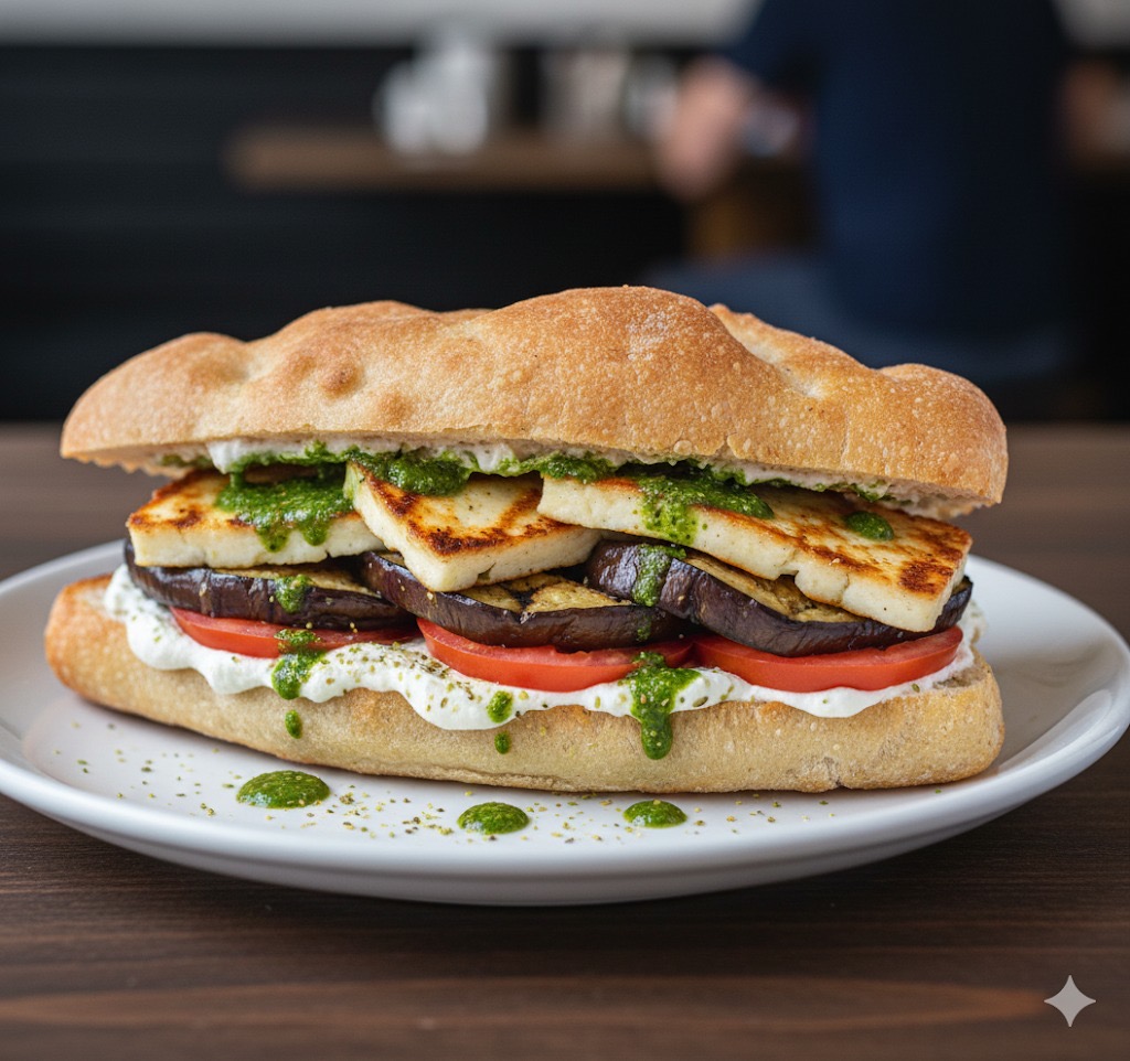 A beautifully layered halloumi and eggplant sandwich on house-made Schiacciata bread