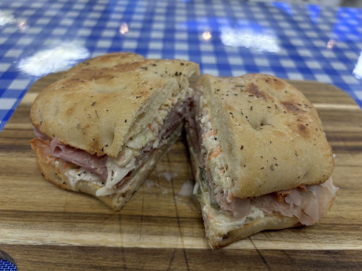 Pastrami sandwich with slaw on Schiacciata bread