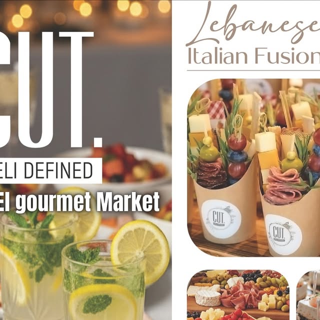 Cut Deli branded collage showing Lebanese Italian Fusion concept with charcuterie and drinks
